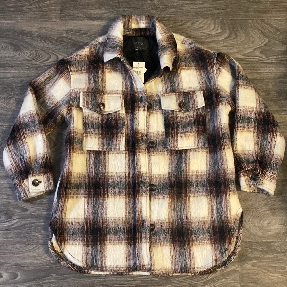 NEW Sanctuary Jacket Medium Town Flannel Shacket Plaid Pink Brown Oversized